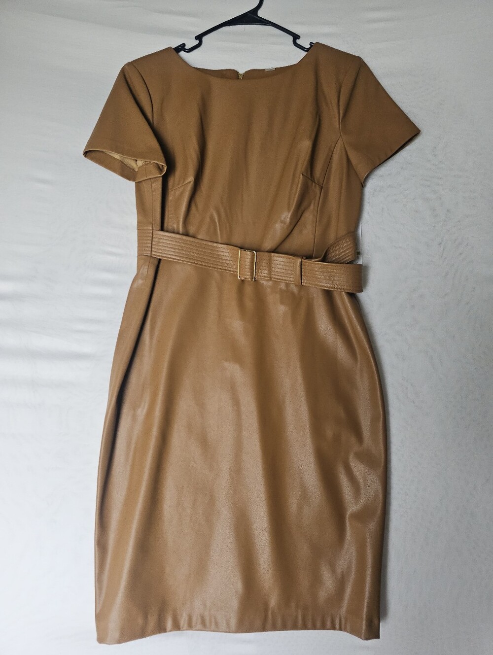 Calvin Klein Faux Leather Belted Sheath Dress NWT Luggage Brown - Picture 10 of 16